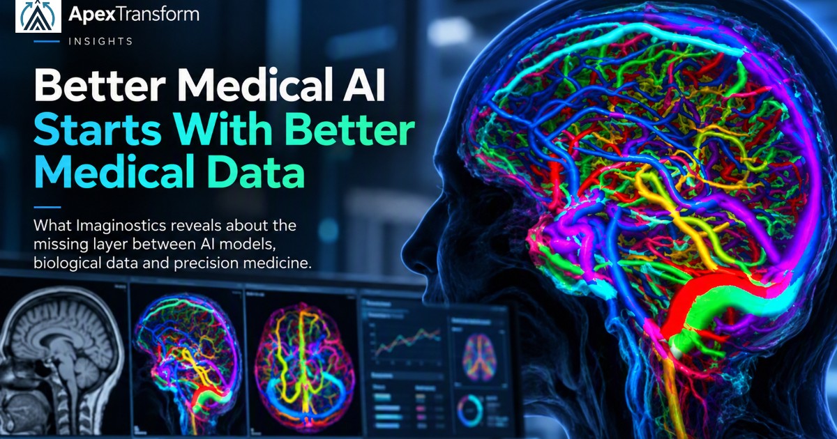 Editorial illustration of a brain MRI resolving into quantitative maps of small blood vessels, representing the measurement layer beneath medical AI.