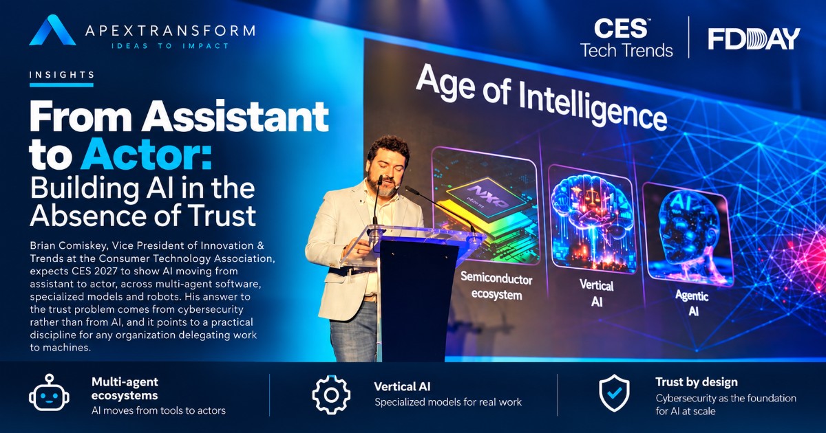 Brian Comiskey presenting the “Age of Intelligence” at FDDay in Paris, illustrating the shift toward vertical AI and agentic AI ahead of CES 2027.