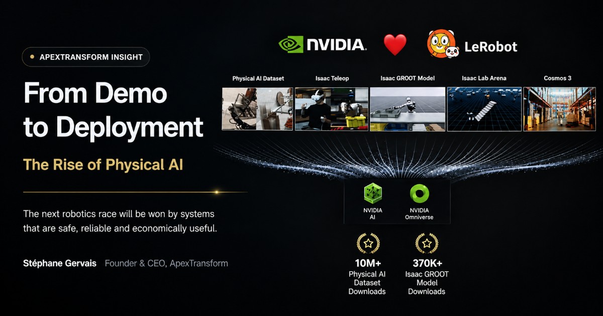 ApexTransform visual showing physical AI moving from demo to industrial deployment through data, safety, uptime and ROI
