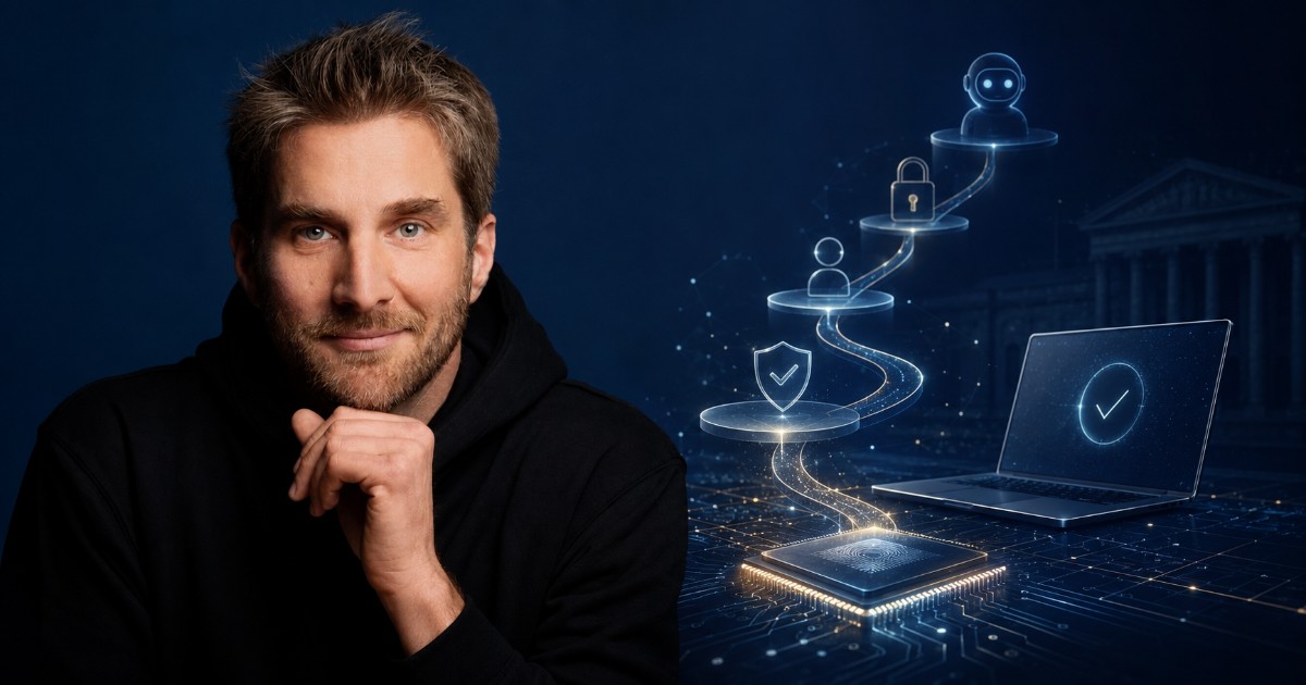 Charles Guillemet beside a visualization of AI agents, secure hardware, authorization layers and policy controls illustrating a chain of authority for digital actions.