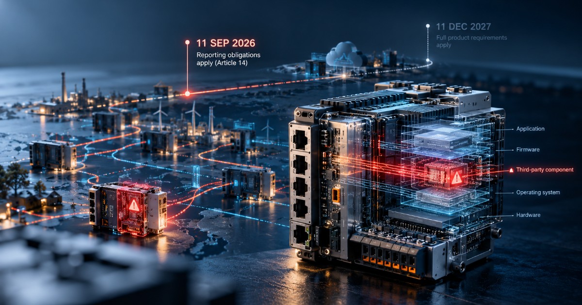 Industrial controller with exposed software layers and vulnerability warnings, illustrating the Cyber Resilience Act reporting deadline in September 2026 and full product requirements in December 2027.