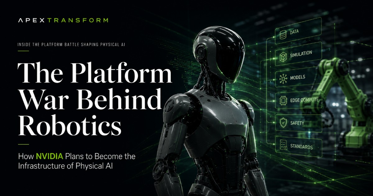 Editorial illustration of a humanoid robot in a dark industrial environment, surrounded by digital layers representing data, simulation, models, edge compute, safety and standards.